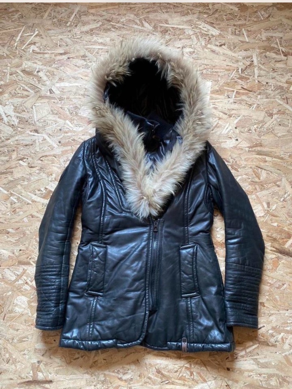 RUDSAK Black Leather Hooded Jacket with Faux-Fur Trim